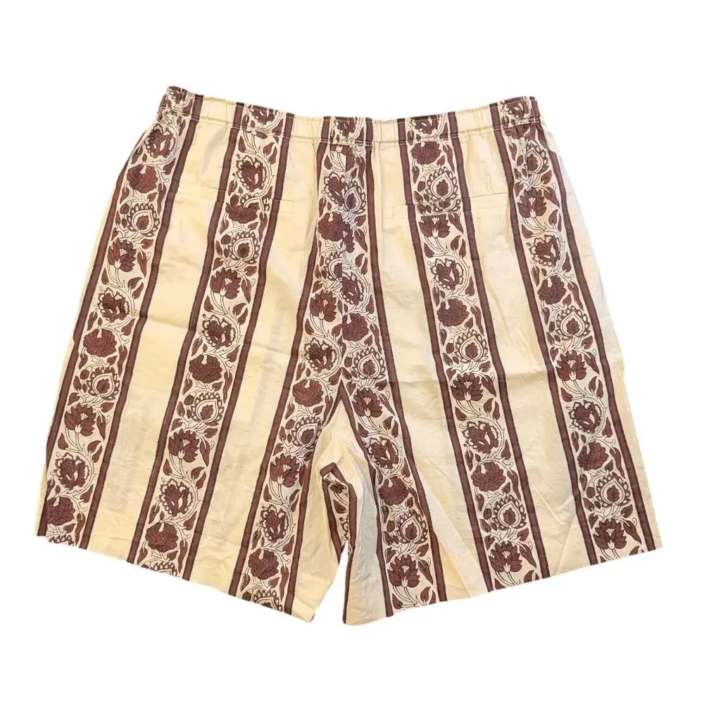 J Crew Block Print Floral Striped Lounge Shorts Elastic Waist Cream Brown M